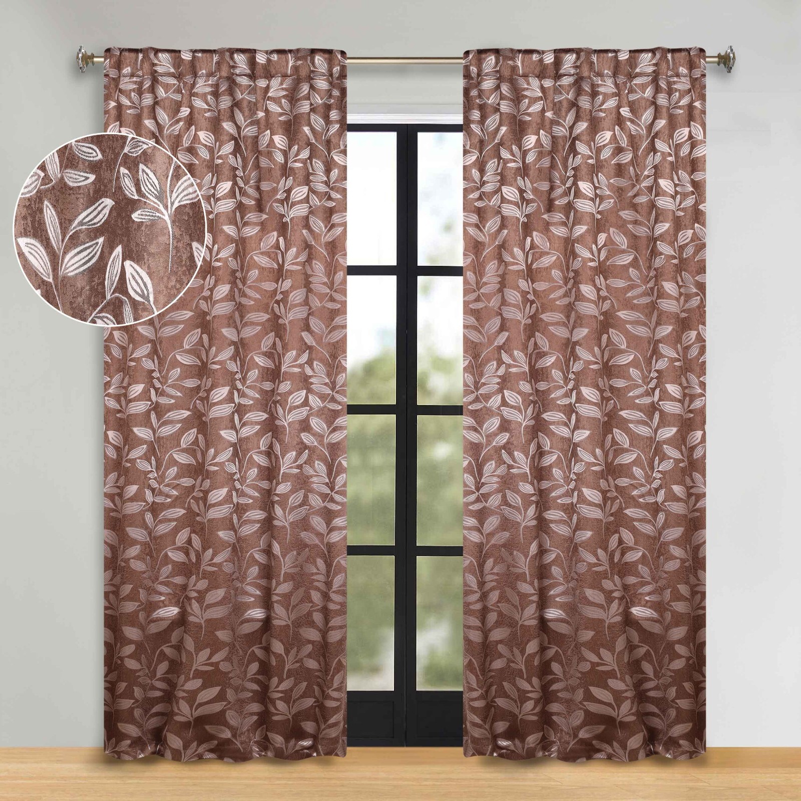 Leaves Washable Room Darkening 52″ Back Tabs Blackout Curtains, Set of 2