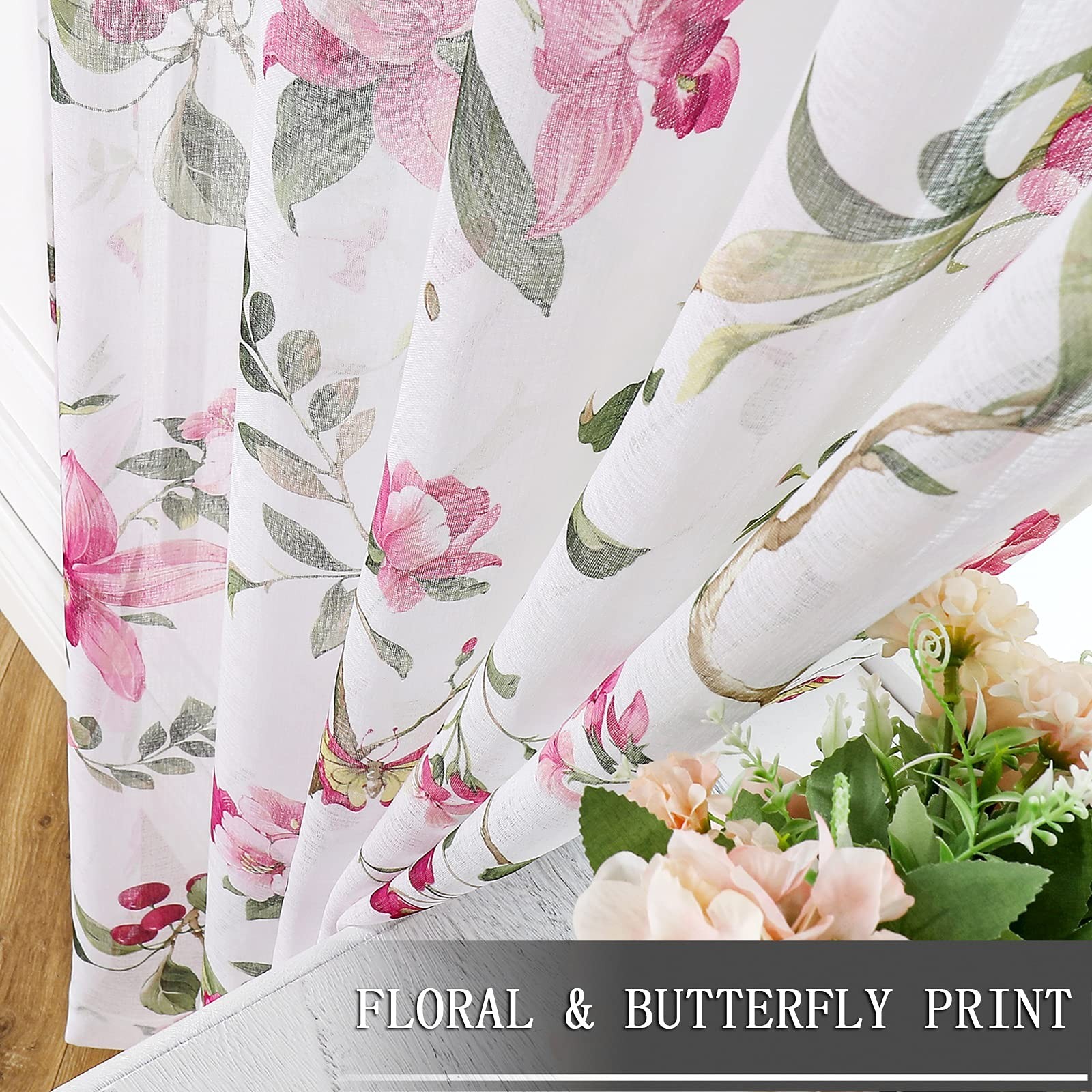 Tollpiz Floral Sheer Tier Curtain Pink Cherry Flower Butterfly Print Half Cur…