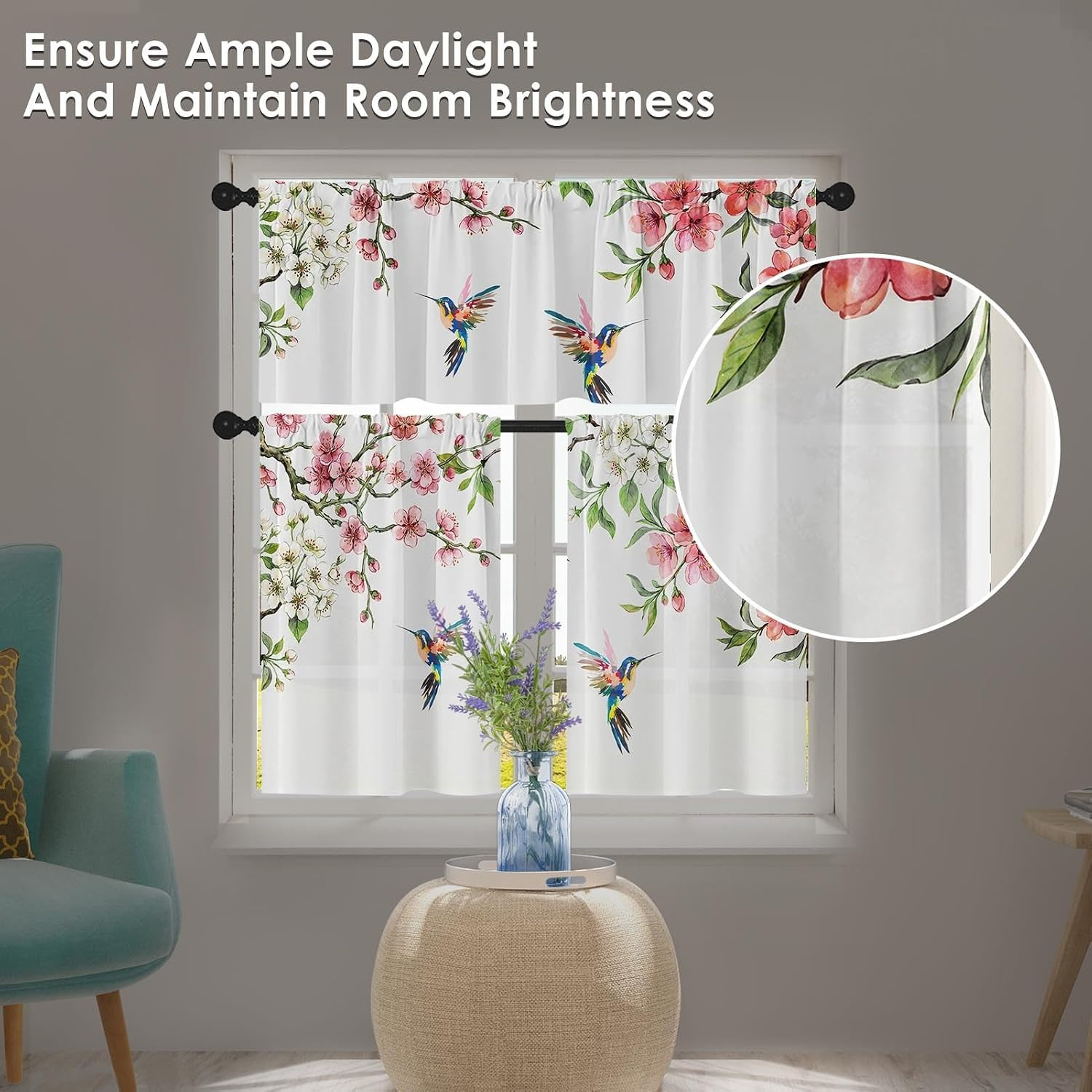 Flower Bird Kitchen Curtains Spring Butterfly Window Curtains Valance and Tier