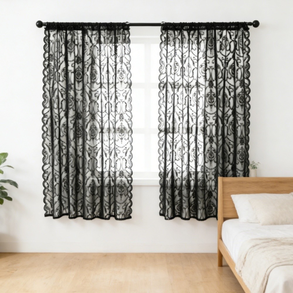 Black Sheer Lace Window Curtains Polyester Fabric European Vintage Style