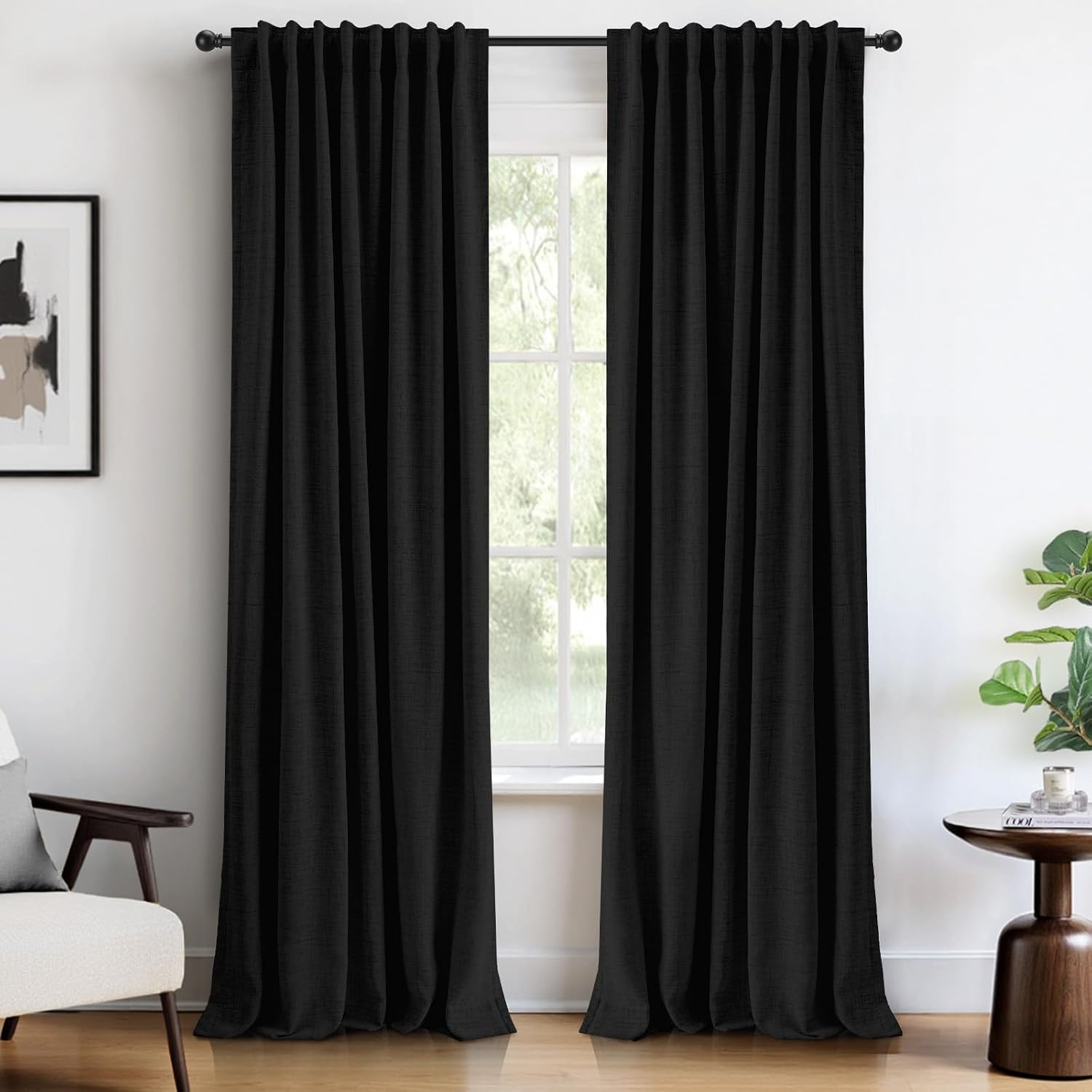 100% Blackout Curtains 84 Inches Length 2 Panels , Back Tab/Rod Pocket Linen Bla