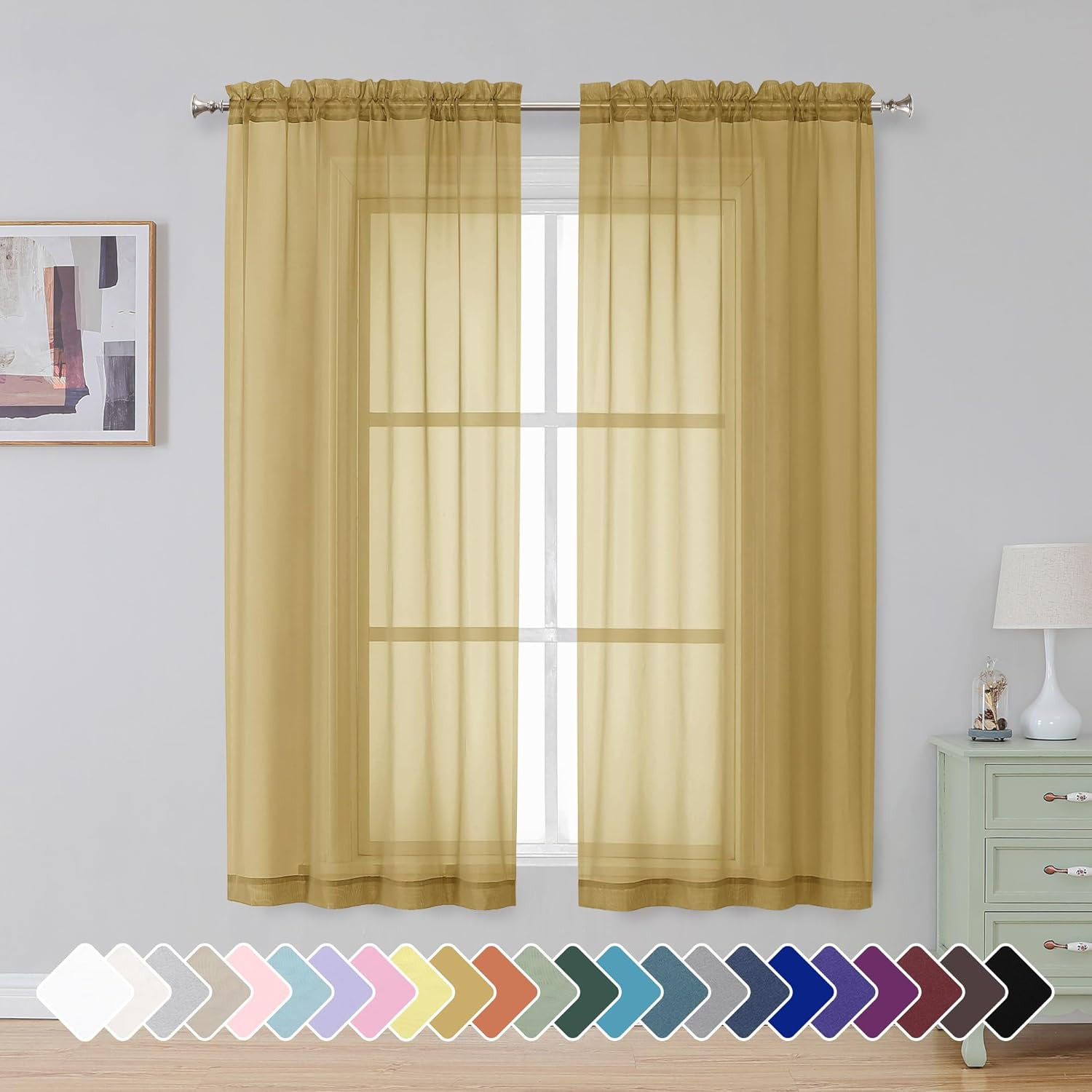 Short Sheer Curtains 45 Inch Length for Small 42″W X 45″L (Pack of 2) Gold