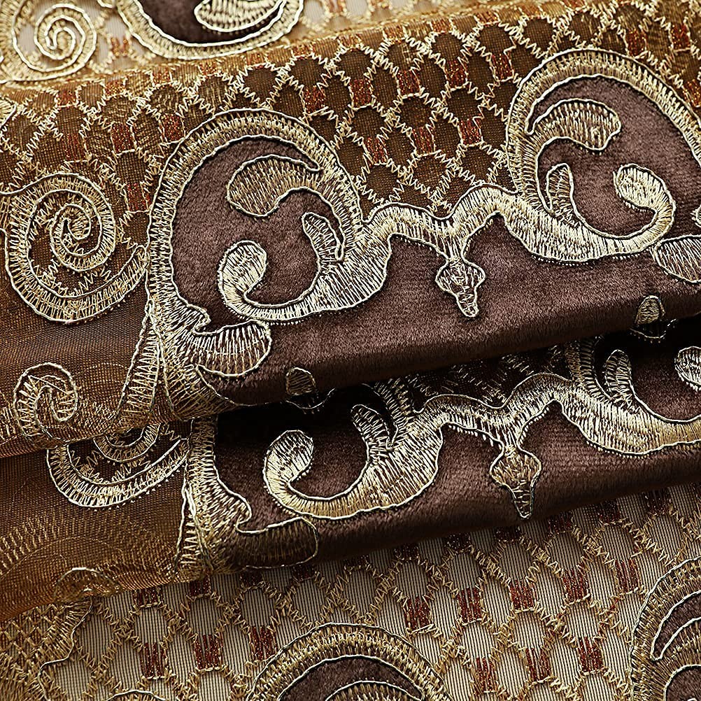 Elkca Luxury Embroidered Sheer Curtains For Living Room Chocolate Tulle
