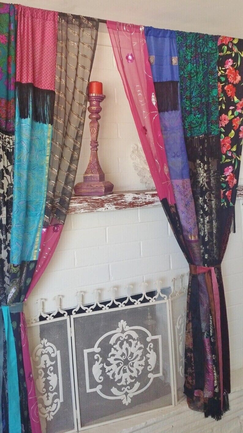 2 Pcs Indian Sari Patchwork Curtain Drape Window Decor Multi Silk Sari Curtain