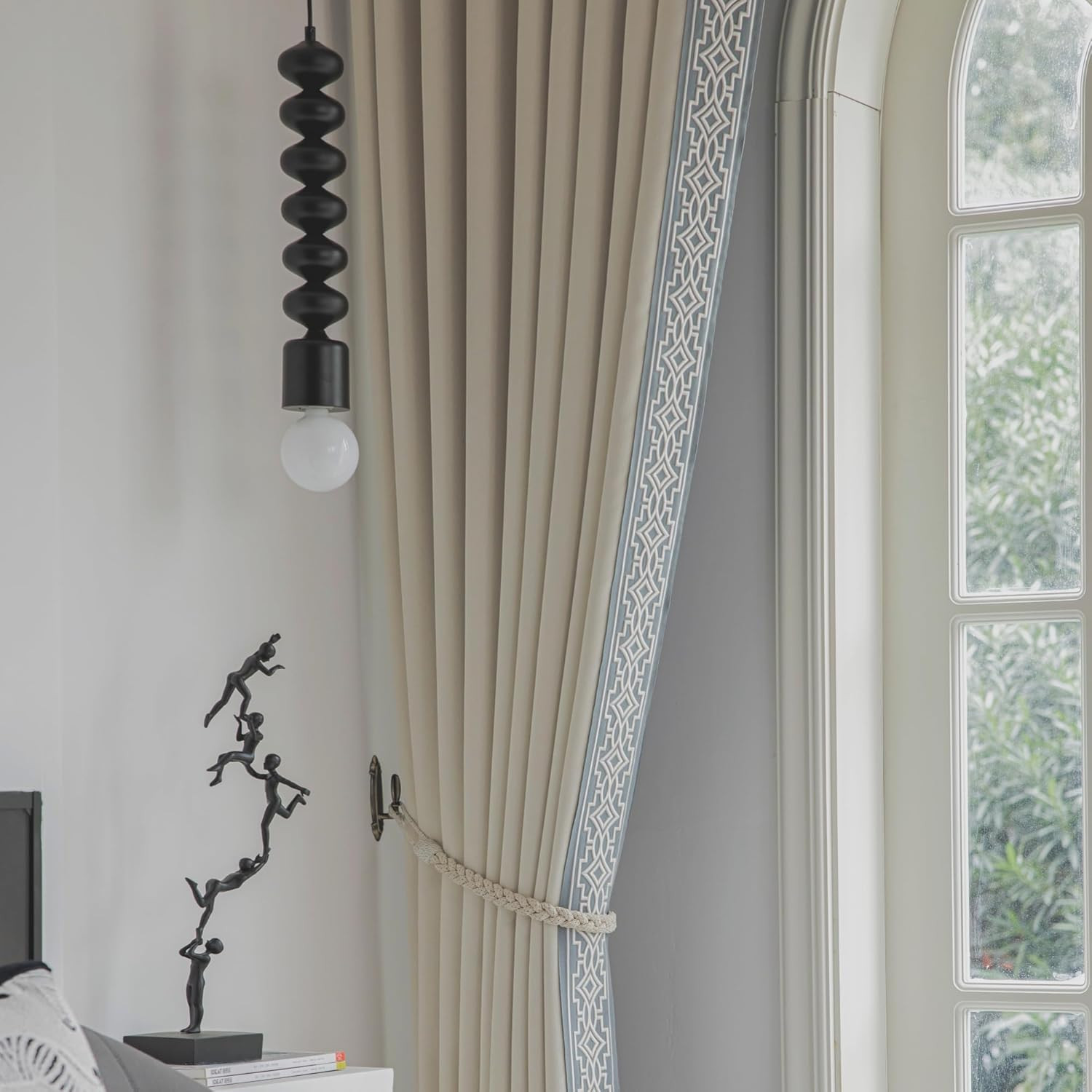 Visionaryhomedesign Ivory Cream Cotton Blend Curtain Panels with Trim Design, Pi