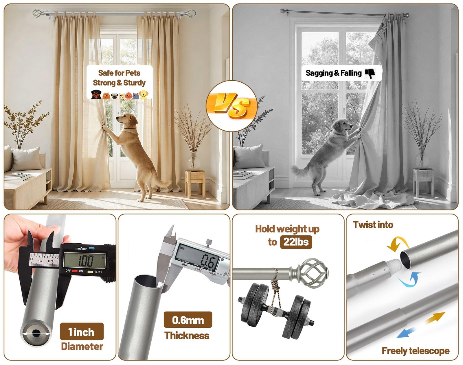 KAMANINA Antique Silver Curtain Rod 32 to 58 32-58″,