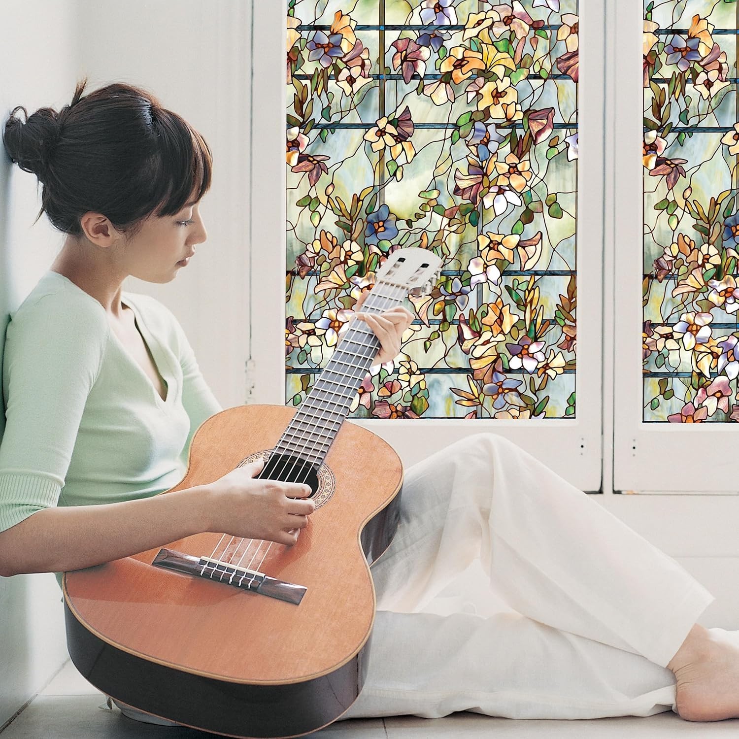 Trellis | Privacy Window Film with Vibrant Colored Pattern | Non-Adhesive & U…