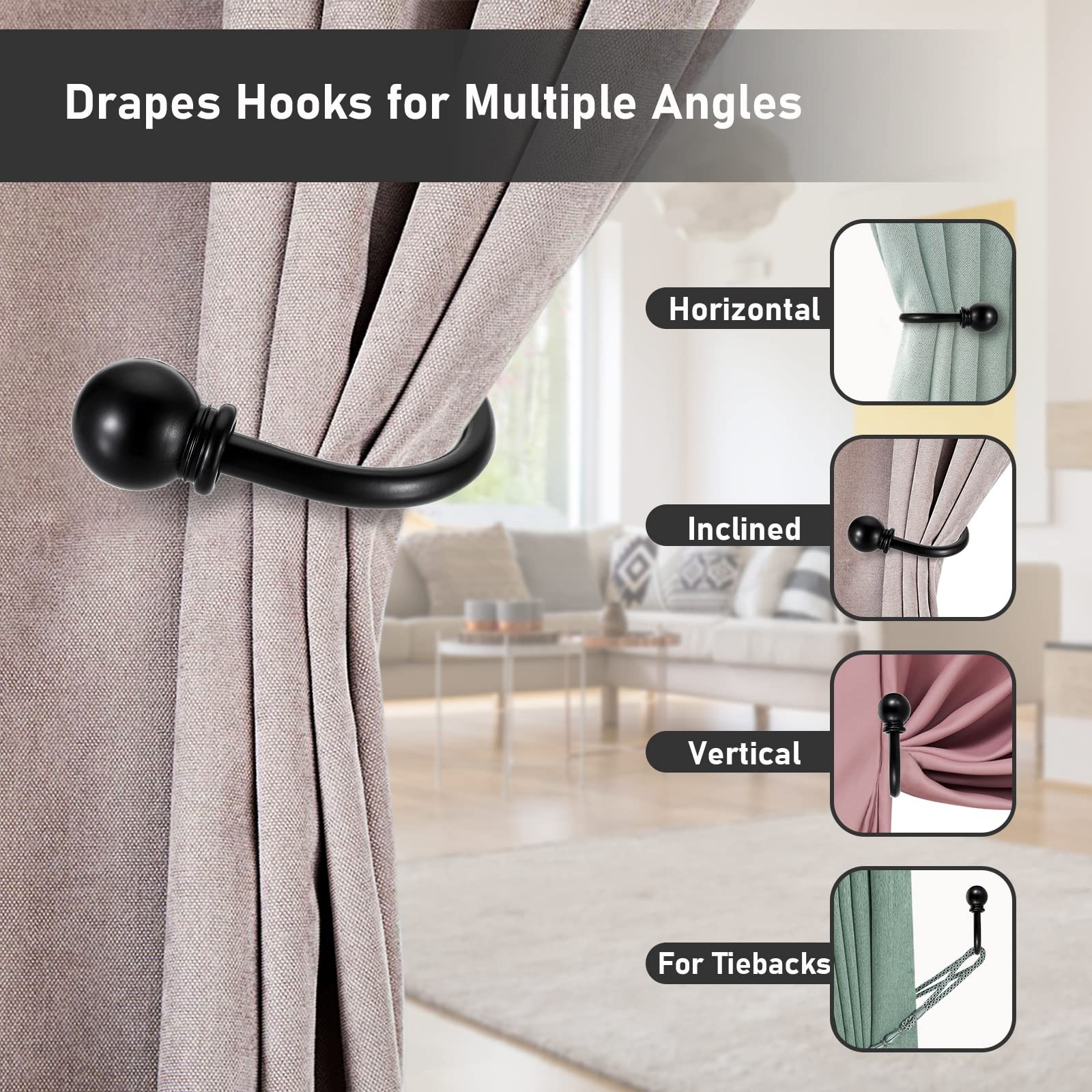Set of 4 Decorative Curtain Holdbacks, Wall Mounted Aluminum Alloy Window Dra…