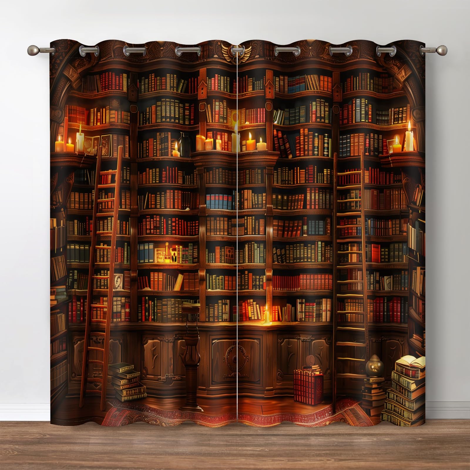 Vintage Bookshelf Blackout Curtains Library Books Bookcase Ladder Candle Deco…