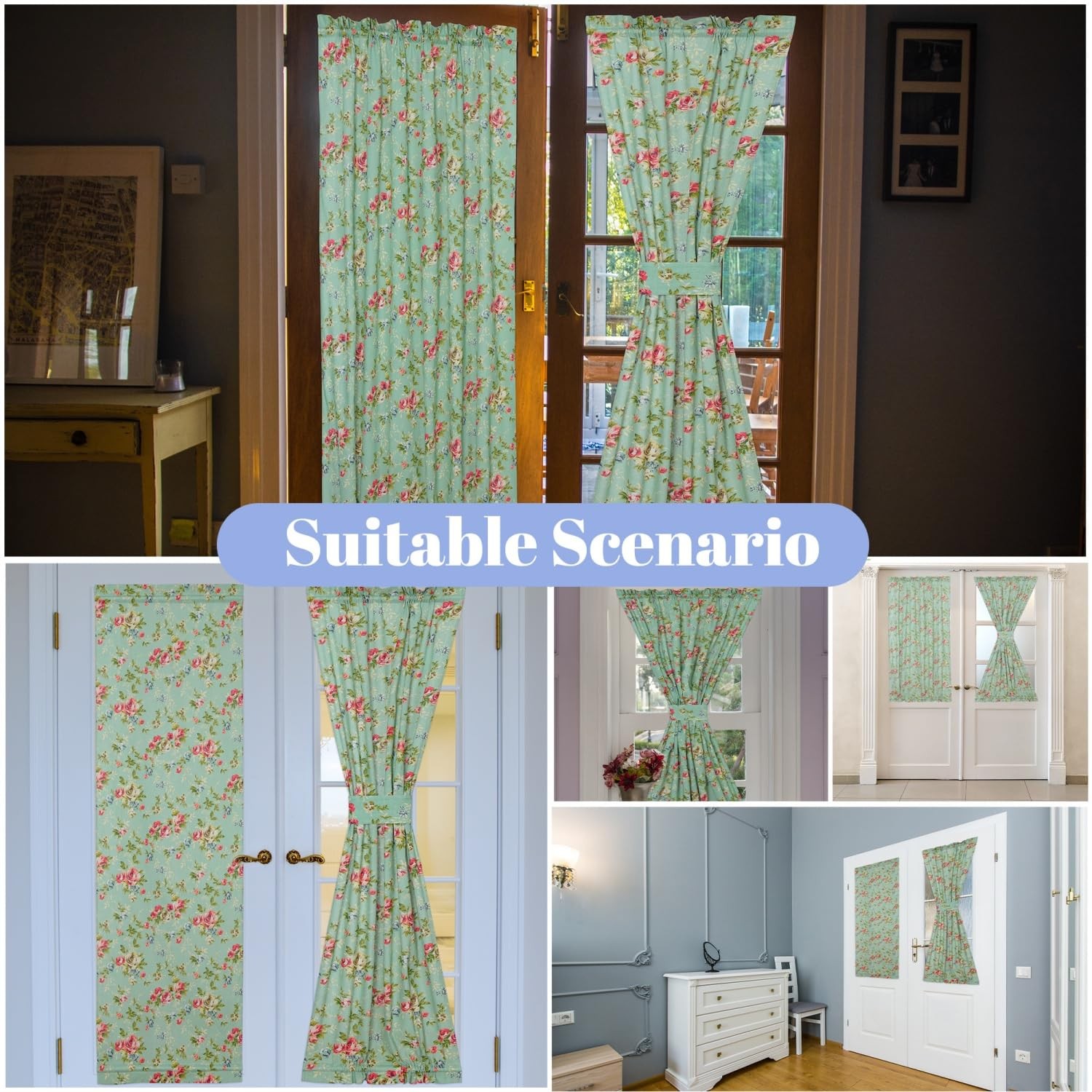 Linen French Door Curtains Floral Green Country Style 54×72 Inches for Sale
