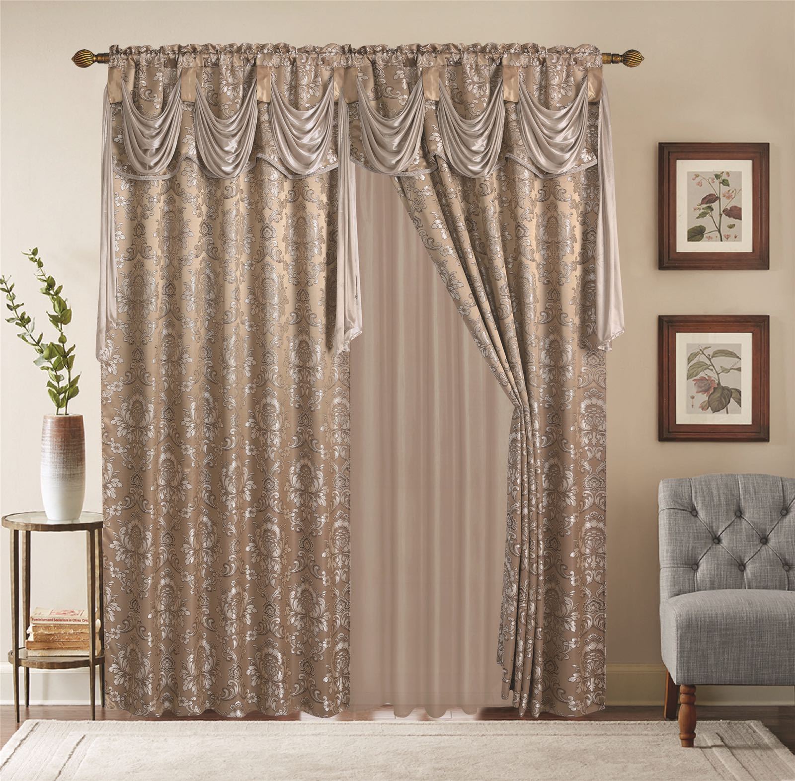 Window Curtains 2 Panel Set Luxury Red Burgundy With Valance and Sheer