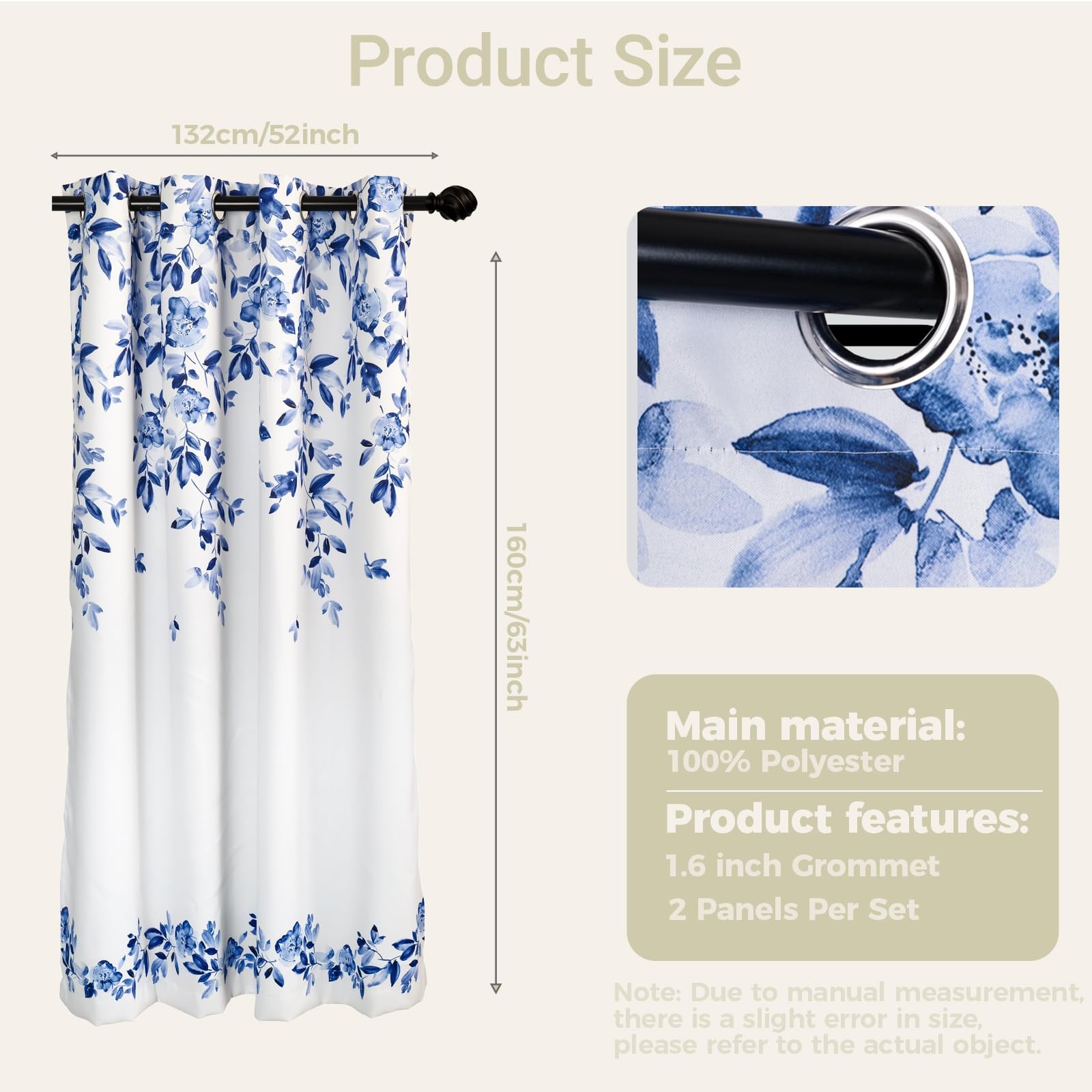 Navy Blue Floral Blackout Curtains, Blue and White Chinoiserie Grommet Curtai…