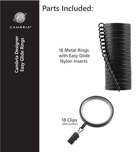 Premium 18 Count Curtain Rings – Metal with Smooth Nylon Inserts & Clips – 2″ Di