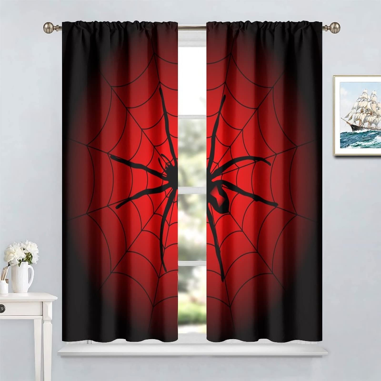 Spider Web Window Curtains for , Big Spider Black Spiderweb Blackout Rod Pock…