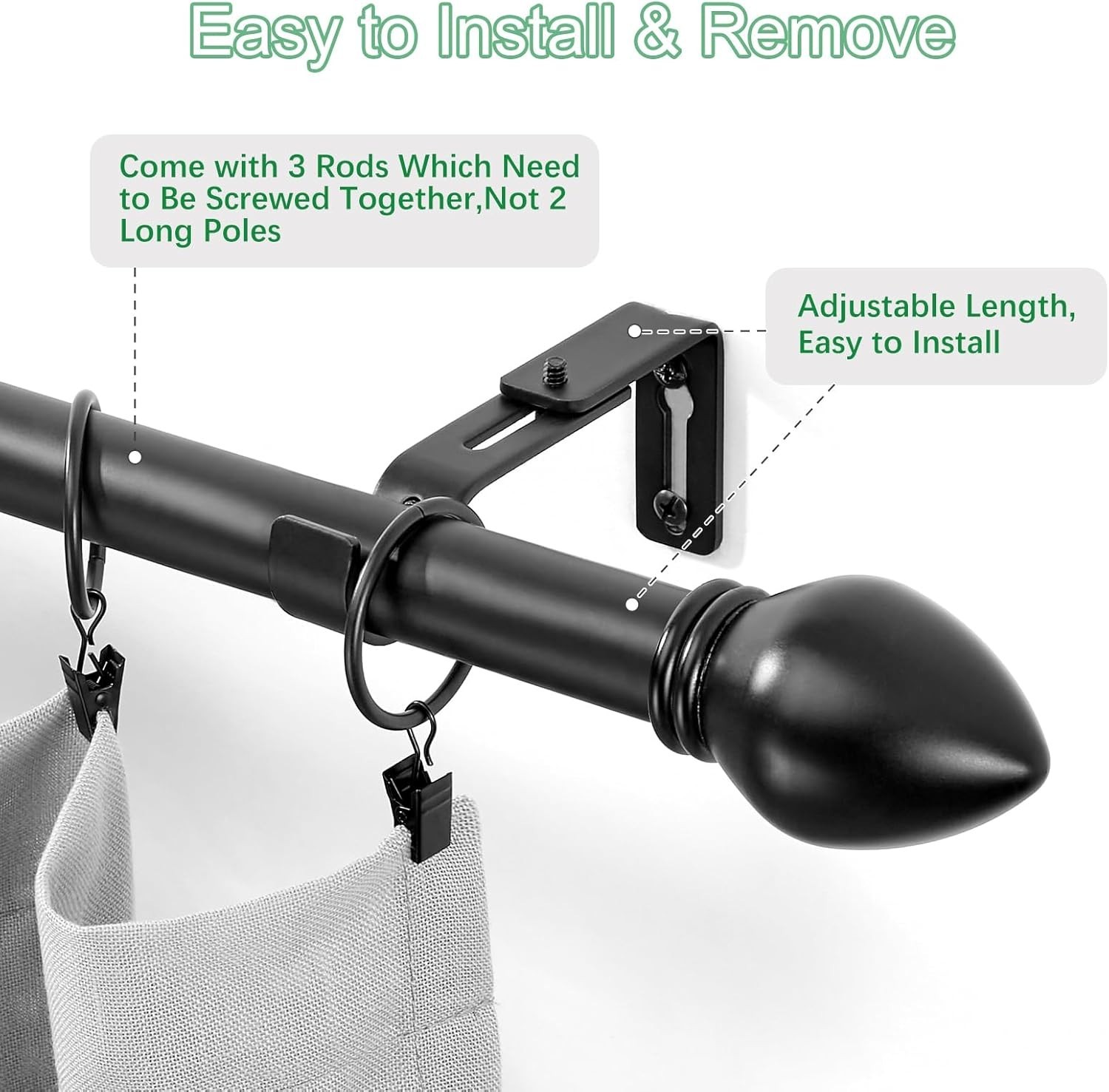LLPJS Curtain Rods for Windows 16 to 136 inches, Black-with Modern Knobs