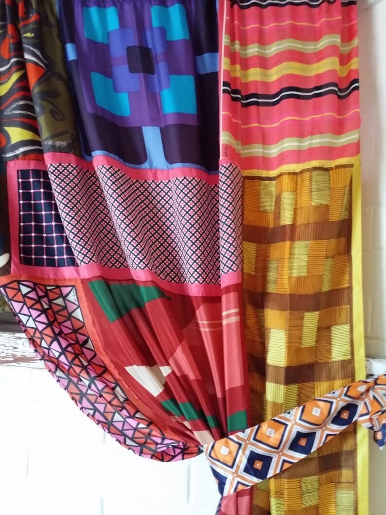 2 Pcs Recycle Patchwork Curtain Drape Window Decor Multi Silk Sari Curtain