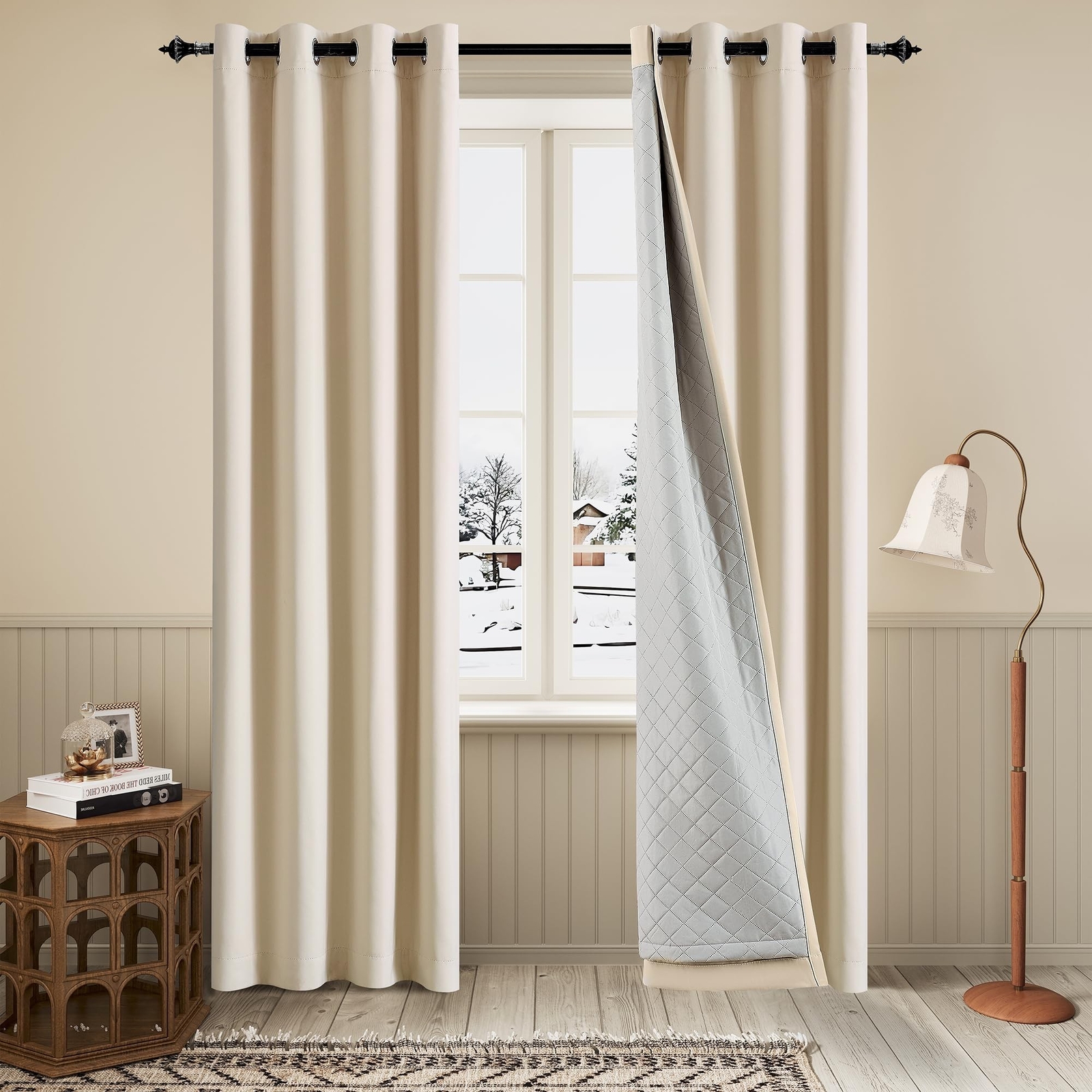 3-in-1 Beige Curtains 100% Blackout Drape 108 Inches Long for Living Room Sou…