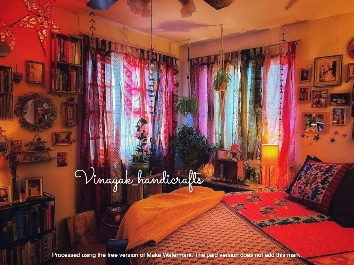 10 Pcs Indian Sari Patchwork Curtain Drape Window Decor Multi Silk BOHO Curtain