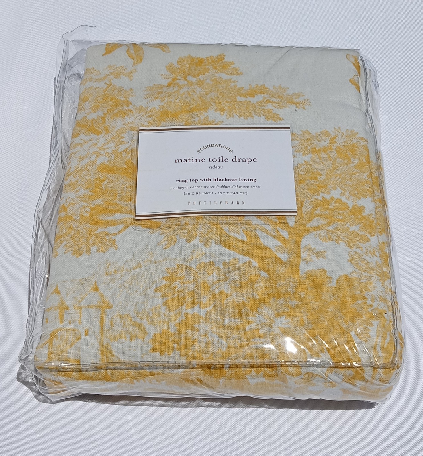 Pottery Barn Matine Toile Blackout Curtain Panel 50×96 Yellow Gold Floral Lined