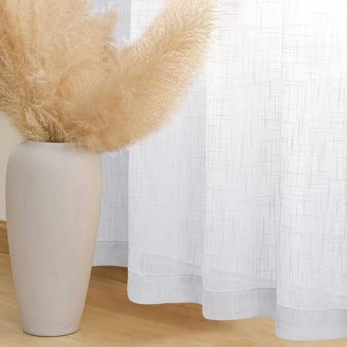 Faux Linen Sheer Curtains – Semi Voile Window 52″W x 96″L (Pack of 2) White