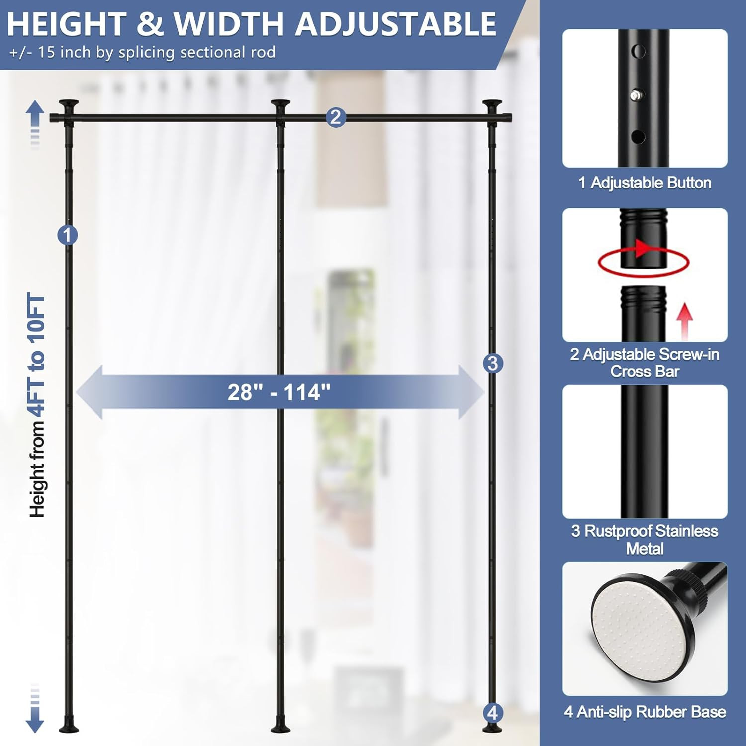 Room Conner Divider Partition Tension black Rod Bar for 28~114″ W x48~120 inch H