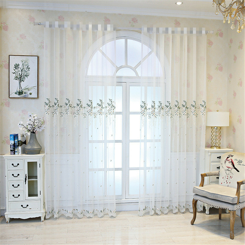 Floral Embroidered Sheer Curtain Elegant Tulle Voile Window Treatment 1 Piece