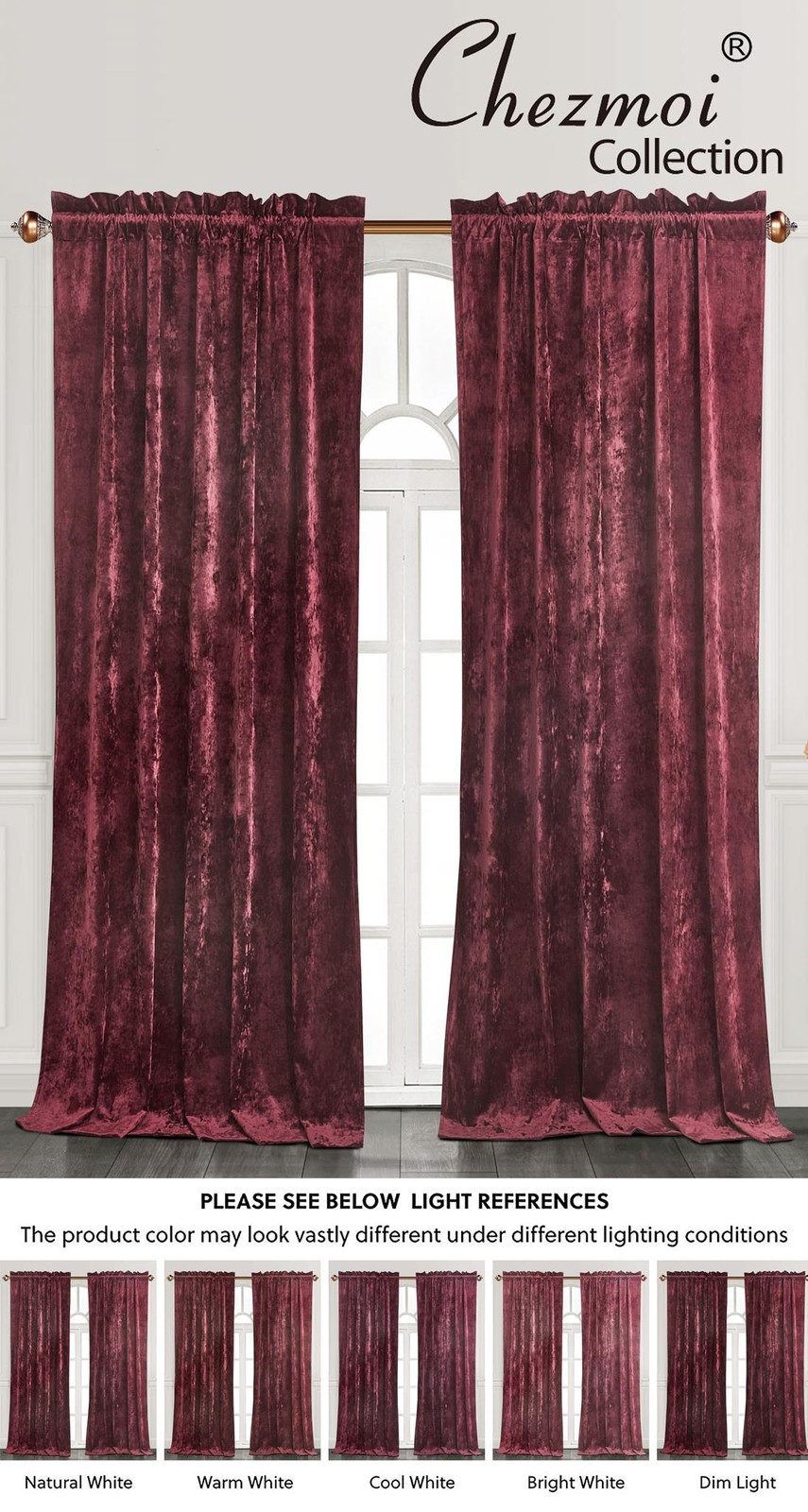Chezmoi Collection Lux Velvet Curtains Set Rod Pocket Drapes, Set of 2 Panels