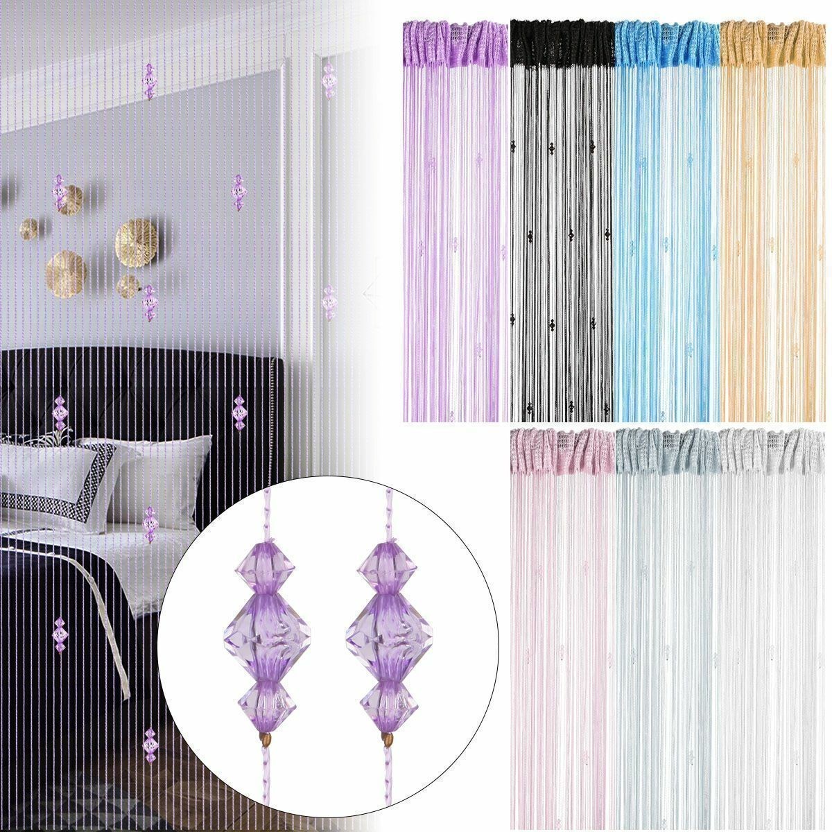 String Door Curtain Crystal Beads Room Divider Tassel Fringe Window Panel Beaded