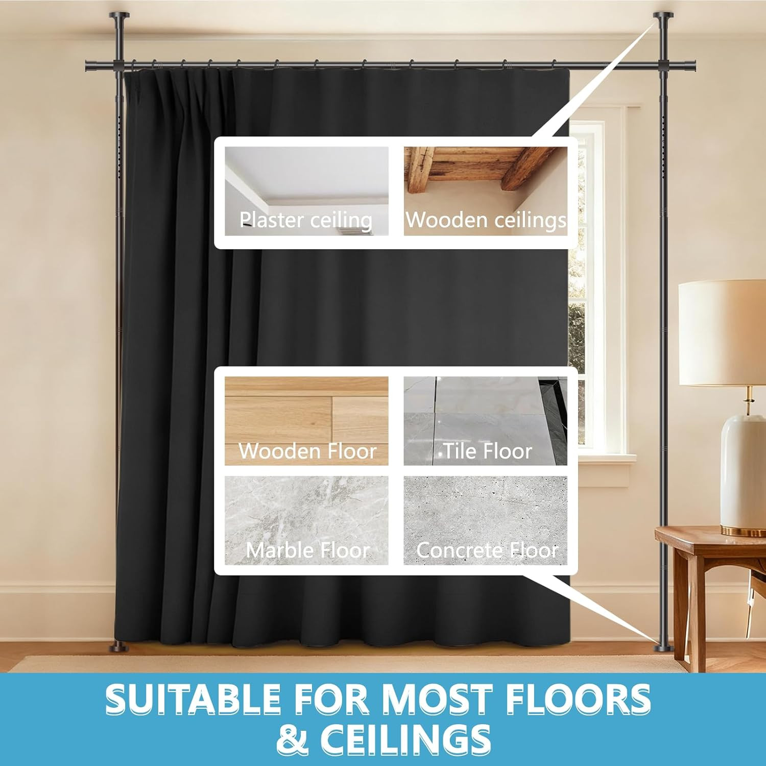No-Drill Room Divider Curtain Set with Adjustable Pole Brackets – Black 106″x84