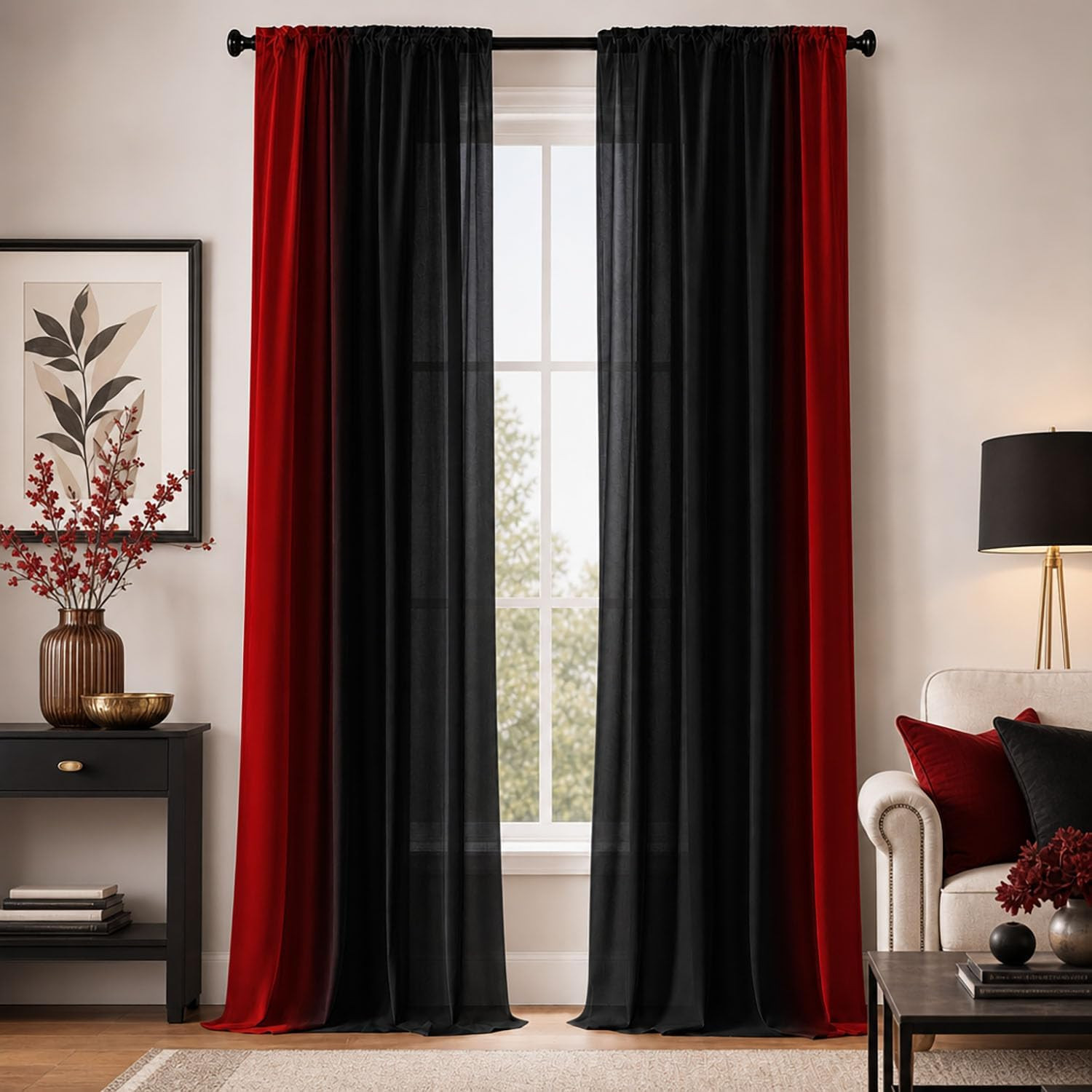Abstract Ombre Curtains 84 Inches Length for Living Room,Red and Black Light Fil