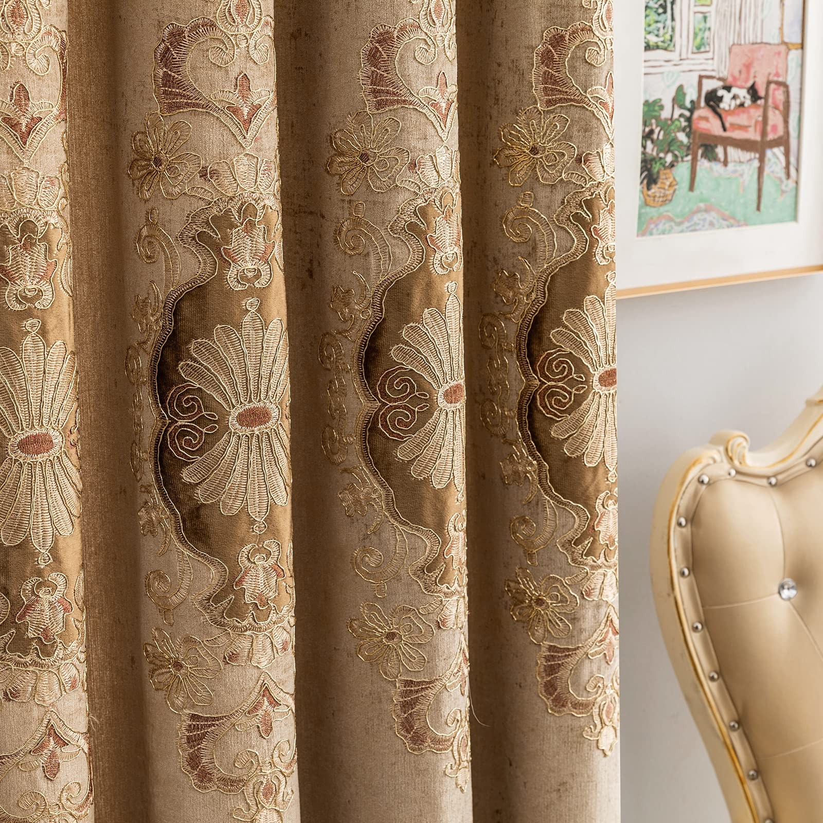 Elkca Coffee Chenille Curtain Classical Embroidered Pattern For Living Room