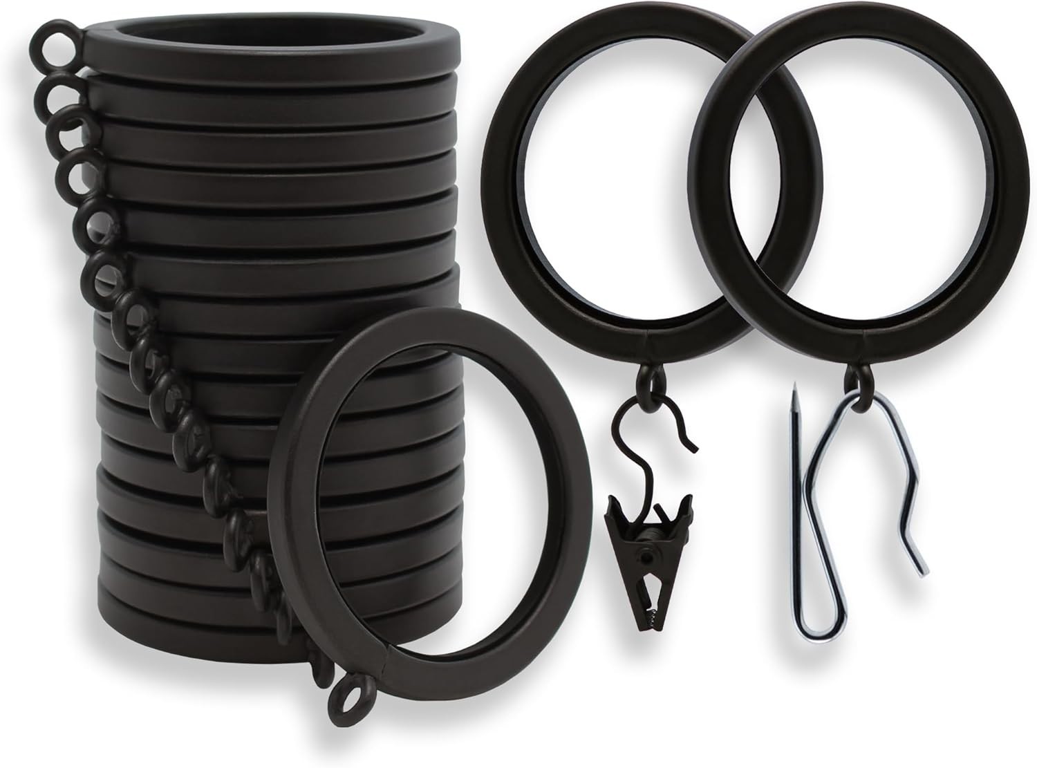 18pc Luxury Curtain Rings w/ Clips & Hooks 1.5″ Metal Brushed Dark Brown, Quiet