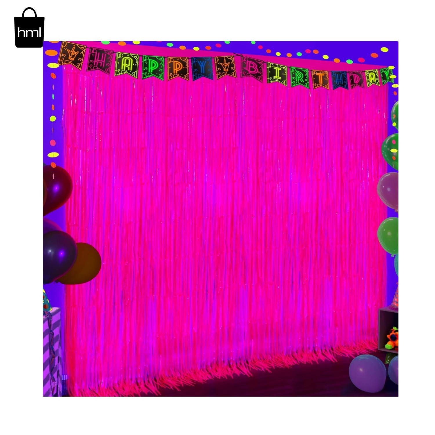 2 Pack Glow in the Dark Foil Fringe Curtains, 6.6 ft Neon Photo Backdrop