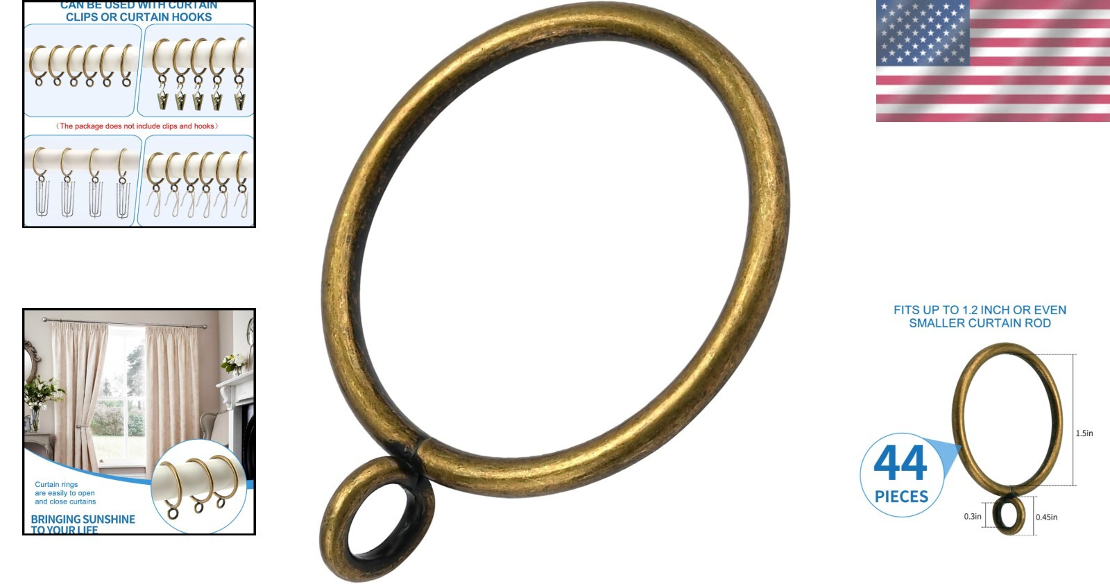 44 Pack Heavy-Duty Curtain Rings – Metal Drapery Rings in Glossy Antique Bronze