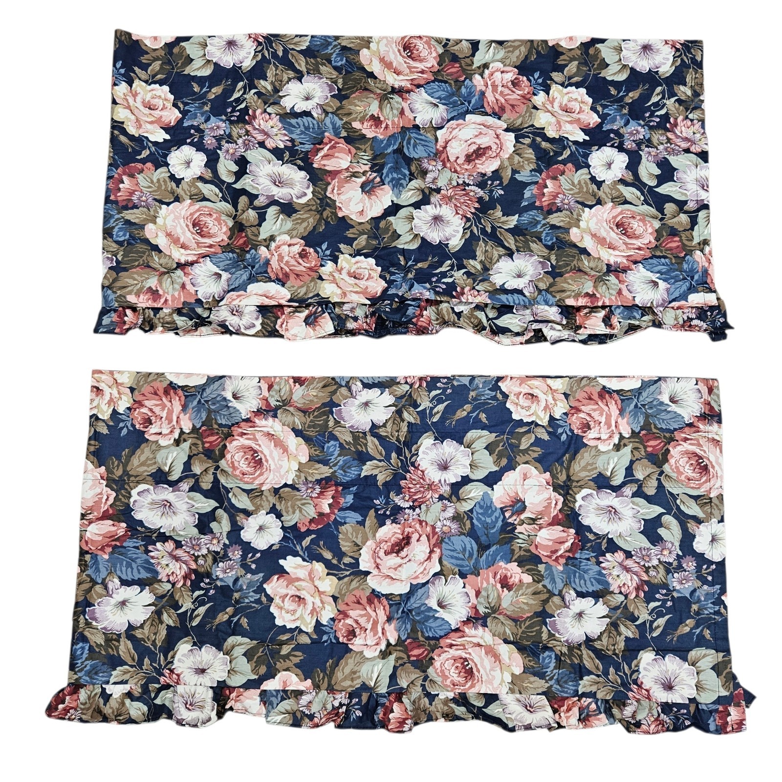 VTG JC Penney Big Pink Floral Roses Window Valances Navy Blue Chintz Pair 70X18″