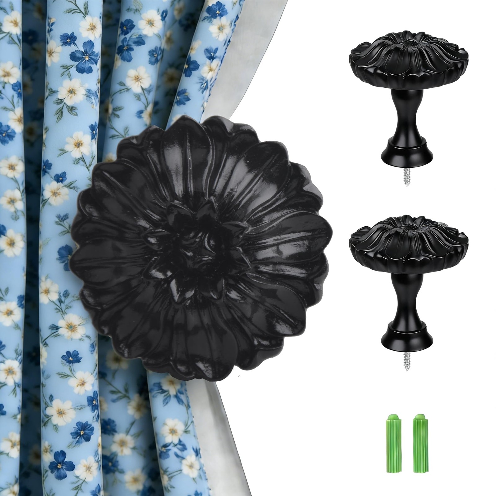 2PCS Floral Curtain Holdbacks, 3×3.35 Resin Wall Hook for Drapery Tiebacks, C…