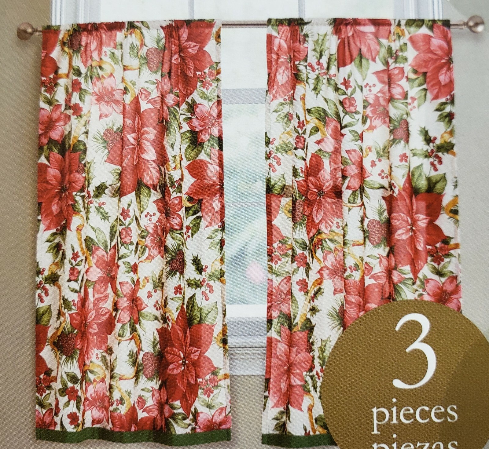 3pc Curtains Set:2 Tiers (28″)& Valance (56″x14″)POINSETTIA & BERRIES #2,Holiday