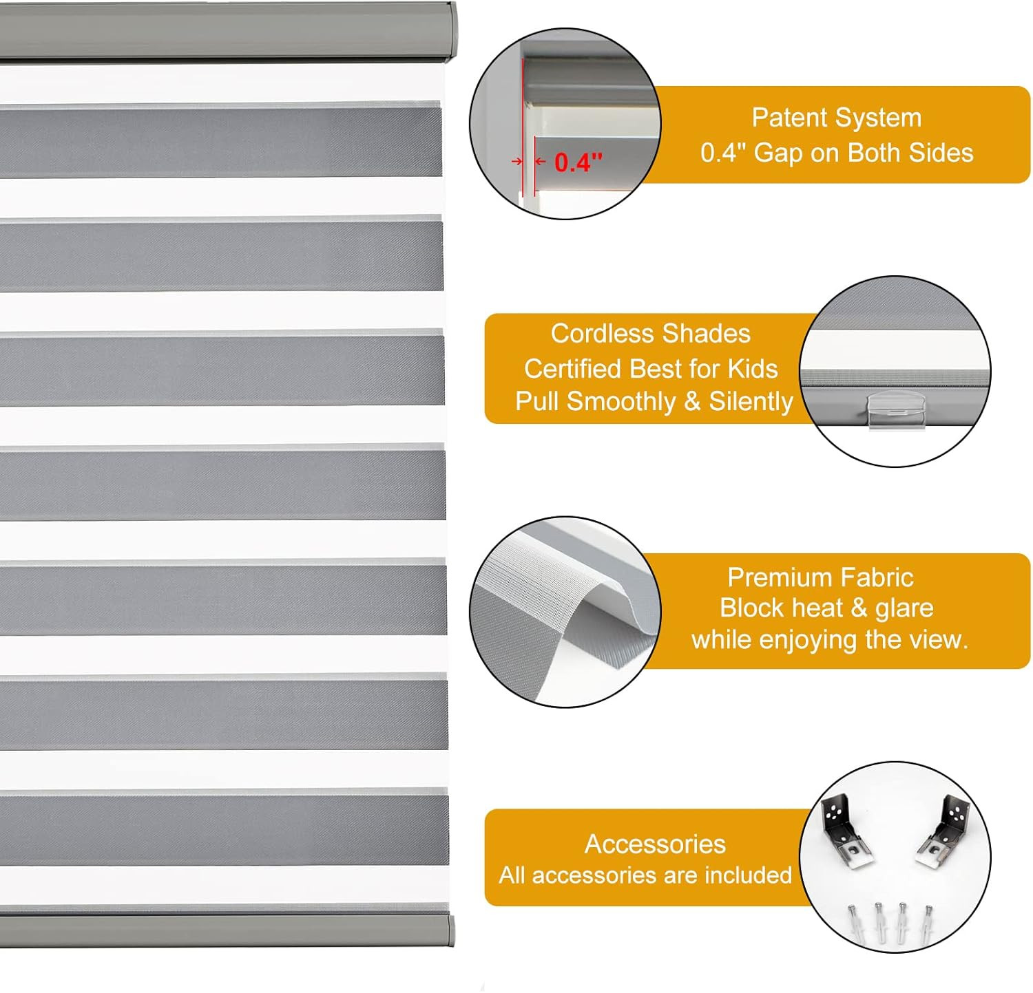 Zebra Shades Free Stop Roller Shades for Windows (45″ W X 72″ H, Grey) Cordless