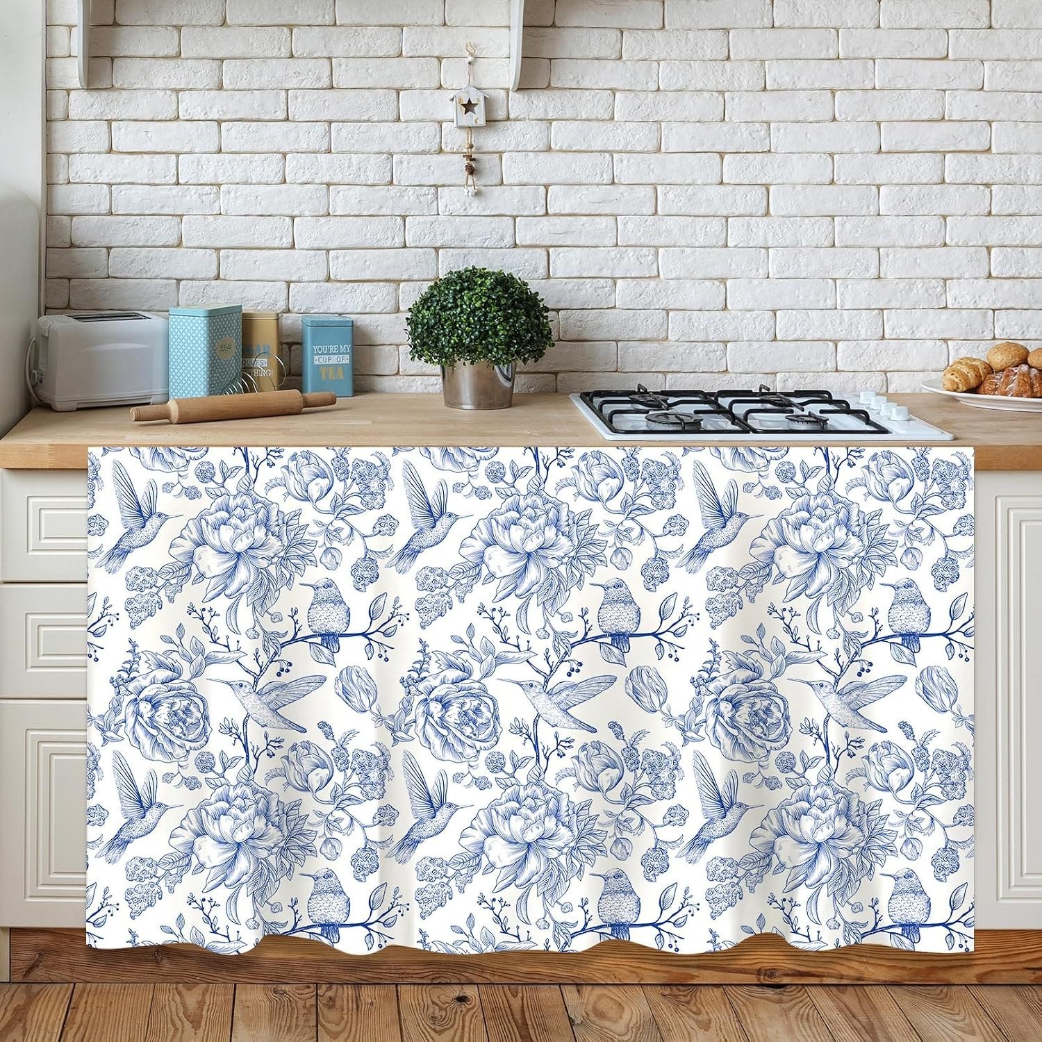 Sophisticated Blue Floral Cabinet Curtain – Easy Install & Washable – 28 x 51 in