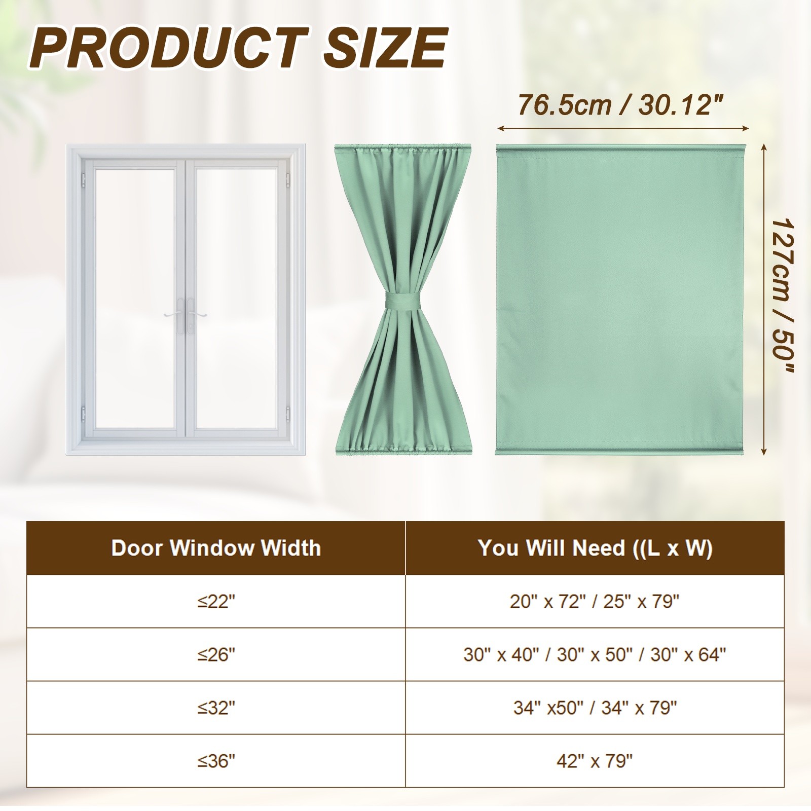 1 Pc French Door Curtain, 30″ x 40″ Blackout Drape, Dark-gray-green