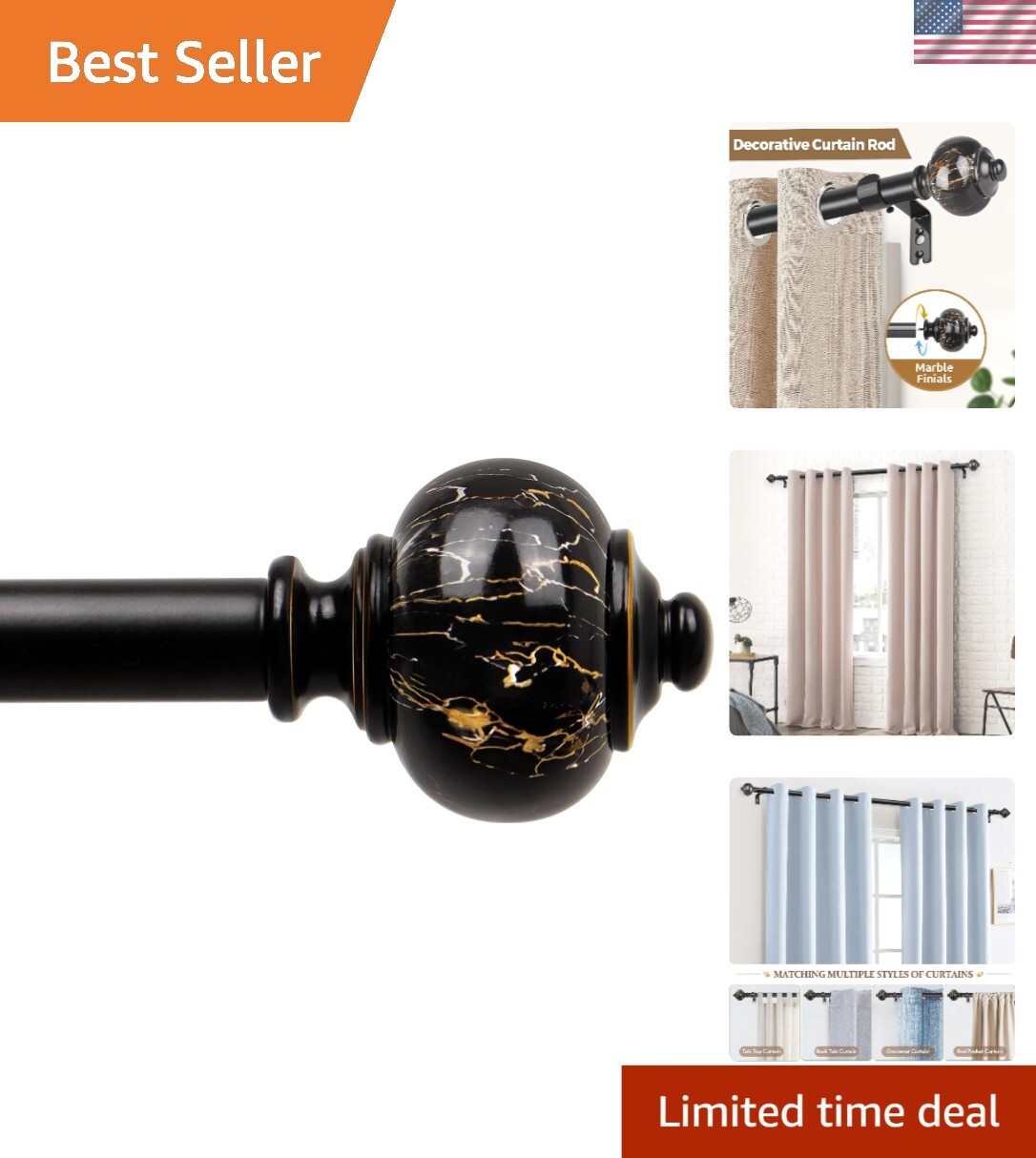 Elegant Iron Curtain Rod 72-144 Inches with Marbled Finials – Easy Installation