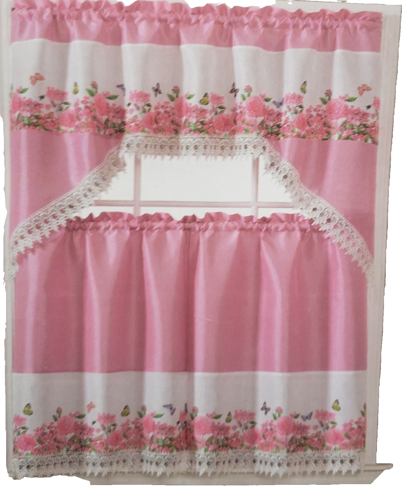 3pc. Embroidered Hand Carved Curtains Set:2 Tiers & Swag,PINK FLOWERS,AMELIA, 5S