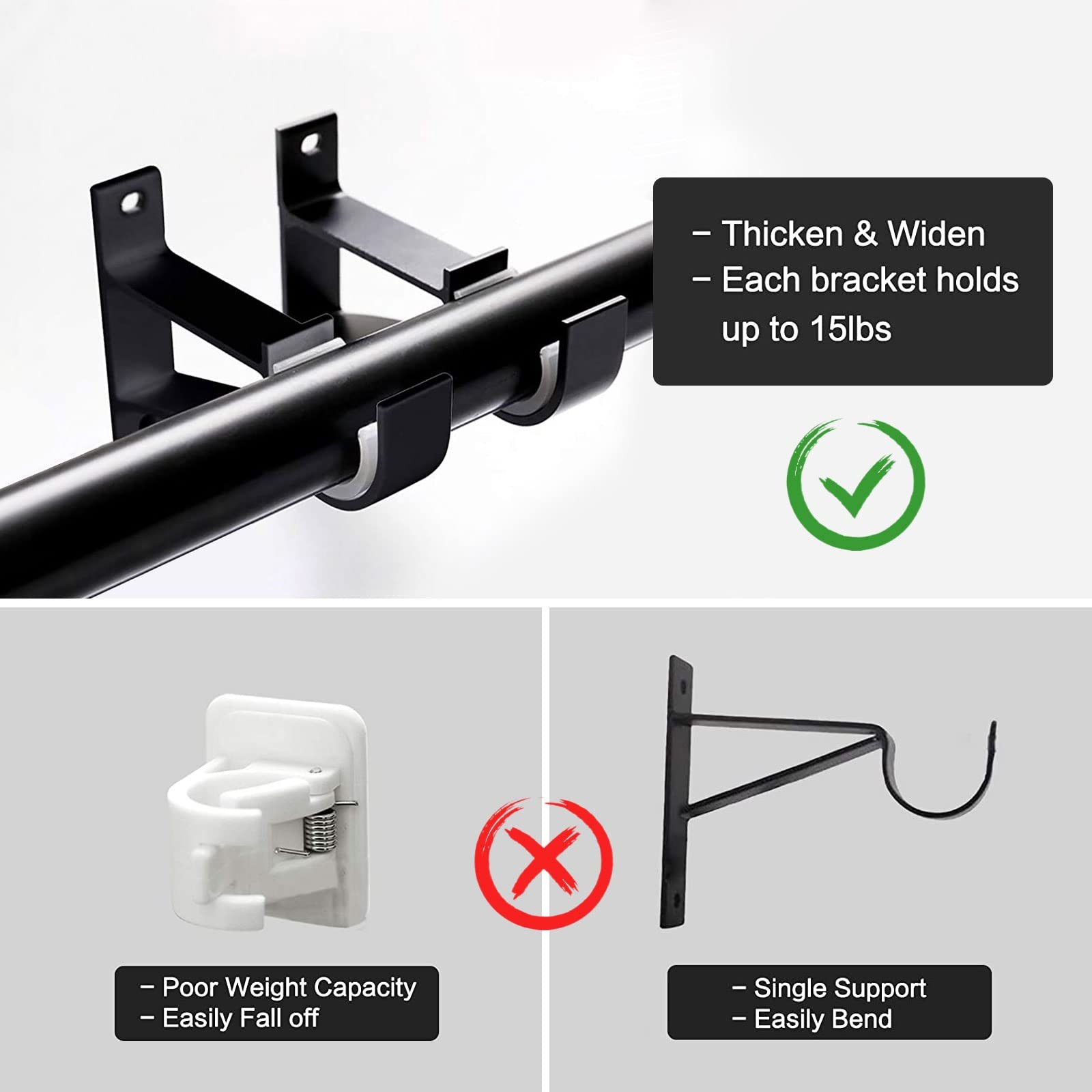 4 PCS Black Single Heavy Duty Aluminum Alloy Wall Mount Curtain Rod Brackets