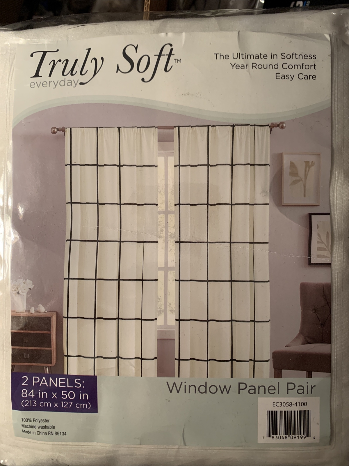 Truly Soft 84”X50” Everyday Window Ivory Panel Pair Set of 2 Black stripes-New!!