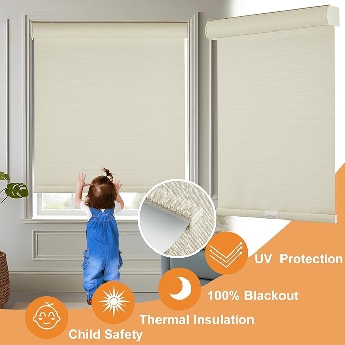 Clearance Beige Free-Stop Cordless 100% Blackout Roller Shades for Window Blinds