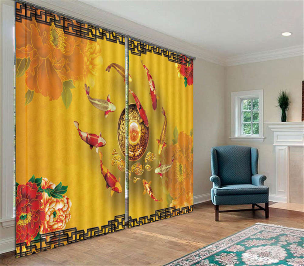 Many Auspicious Carps 3D Curtain Blockout Photo Printing Curtains Drape Fabric