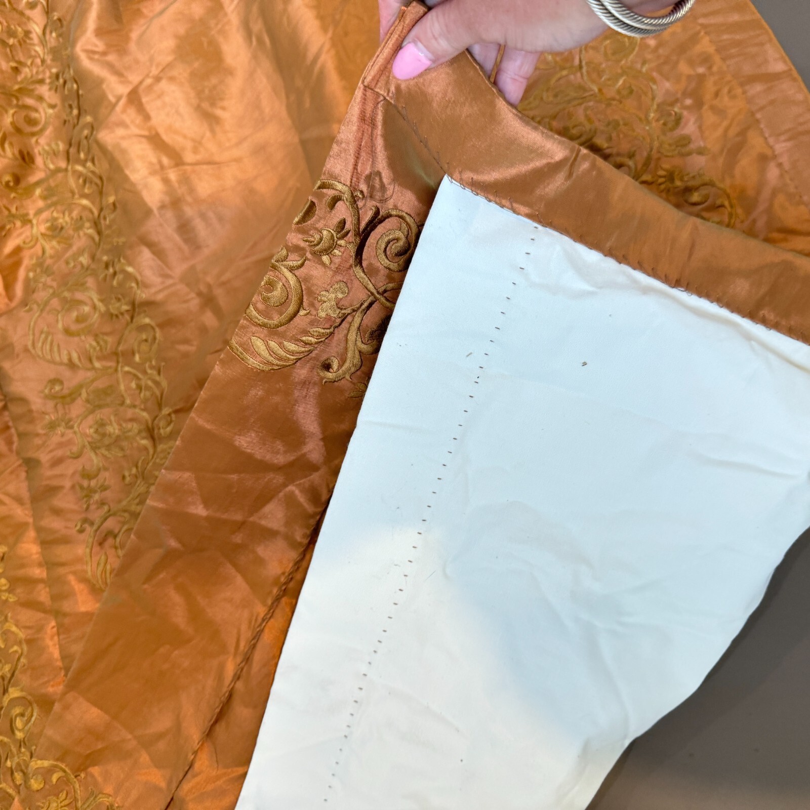 custom pinch pleat drape curtain panel brown damask floral beaded edge