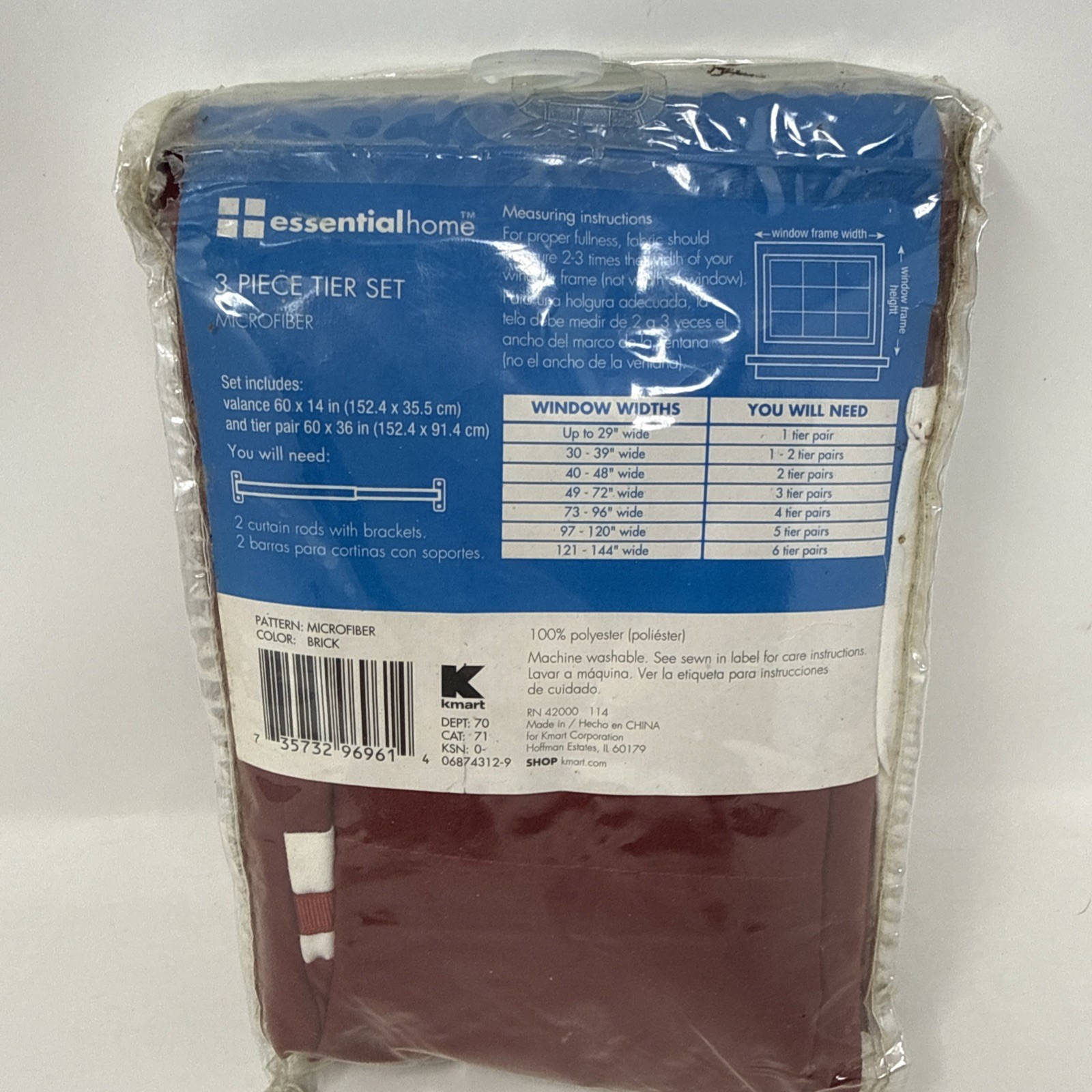3 Piece Tier Set Kitchen Window Curtain Tiers and Valance Brick Red Microfiber