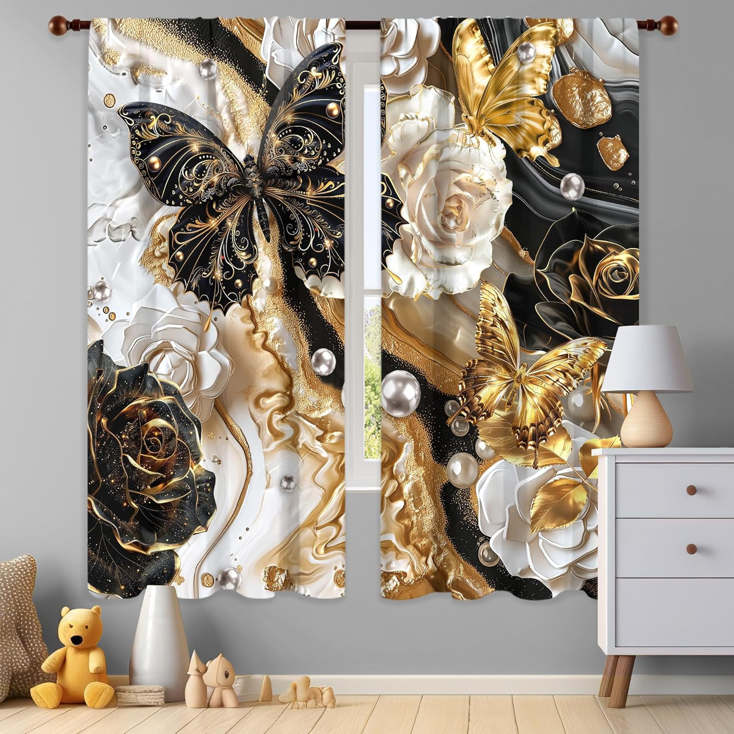 Black and Gold Butterfly Marble Curtains 42Wx63H Inch Abstract Modern Floral Flo