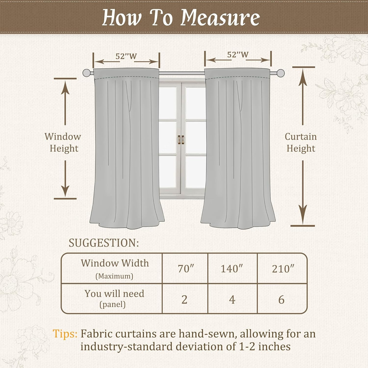 LAMIT Taupe Floral Linen Curtains 63 inch Length, Light Filtering Country Vintag